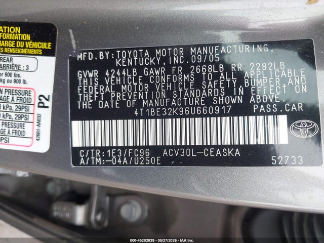 45202839 :رقم المزاد ، 4T1BE32K96U660917 vin ، 2006 Toyota Camry Se مزاد بيع