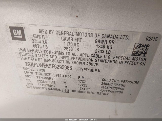 45202851 :رقم المزاد ، 2GKFLWEK5F6295986 vin ، 2015 Gmc Terrain Sle-2 مزاد بيع