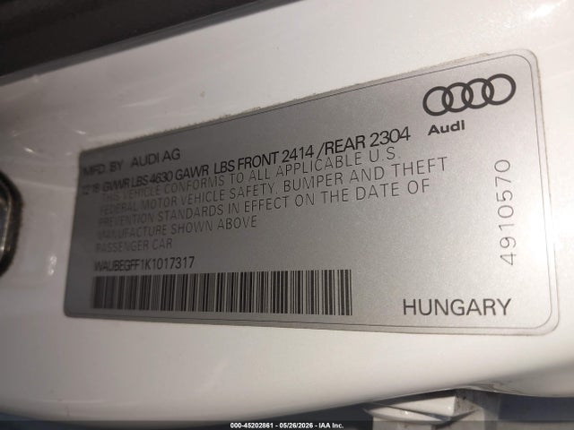 Aukcja sprzedaży 2019 Audi A3 45 Premium, vin: WAUBEGFF1K1017317, numer aukcji: 45202861