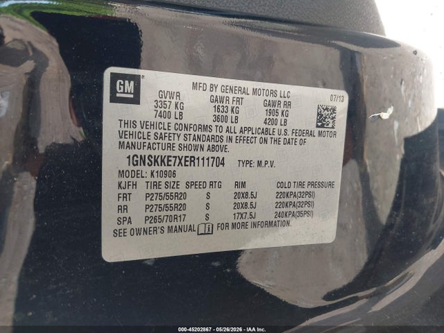 2014 Chevrolet Suburban 1500 Ltz მანქანა იყიდება აუქციონზე, vin: 1GNSKKE7XER111704, აუქციონის ნომერი: 45202867