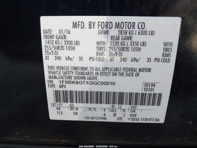 1FM5K8GTXGGC00010 Ford EXPLORER SPORT