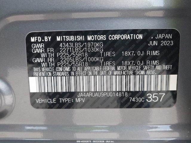 2023 Mitsubishi Outlander Sport 2.0 Es Awc/2.0 Le Awc/2.0 Ralliart Awc/2.0 S Awc/2.0 Se Awc მანქანა იყიდება აუქციონზე, vin: JA4ARUAU9PU014818, აუქციონის ნომერი: 45202875