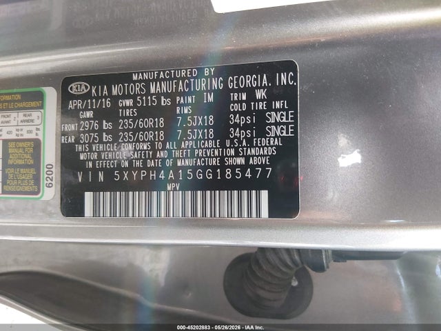 Aukcja sprzedaży 2016 Kia Sorento 2.0t Ex, vin: 5XYPH4A15GG185477, numer aukcji: 45202883