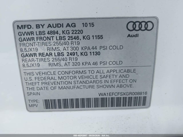 Продаж на аукціоні авто 2016 Audi Q3 2.0t Premium Plus, vin: WA1EFCFSXGR008816, номер лоту: 45202887