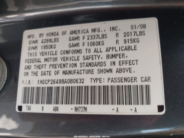 45202913 :رقم المزاد ، 1HGCP26498A080632 vin ، 2008 Honda Accord 2.4 Lx-p مزاد بيع