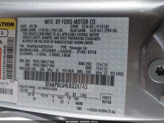 Ford Fusion Hybrid Se 2020 3FA6P0LU4LR224743 Image 9