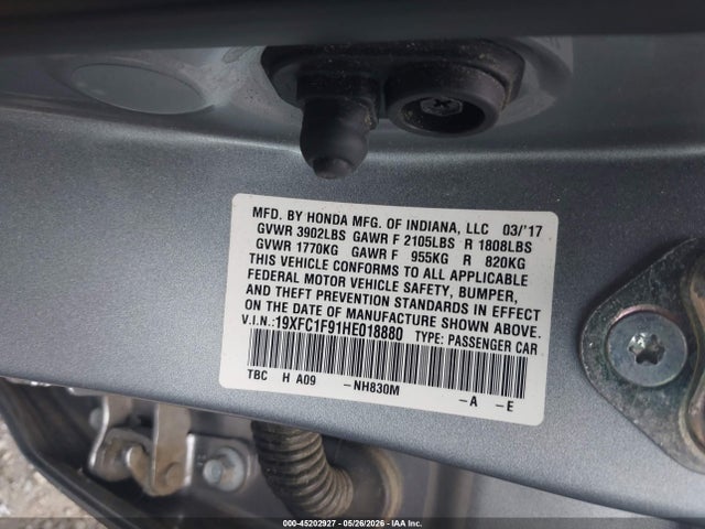 Aukcja sprzedaży 2017 Honda Civic Touring, vin: 19XFC1F91HE018880, numer aukcji: 45202927