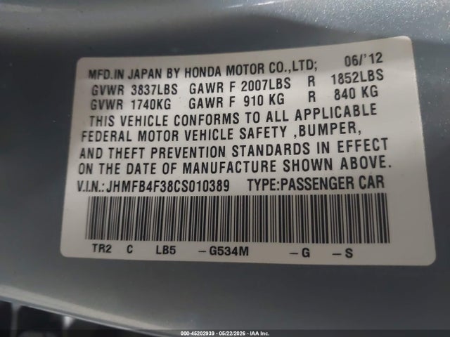 2012 Honda Civic Hybrid მანქანა იყიდება აუქციონზე, vin: JHMFB4F38CS010389, აუქციონის ნომერი: 45202939