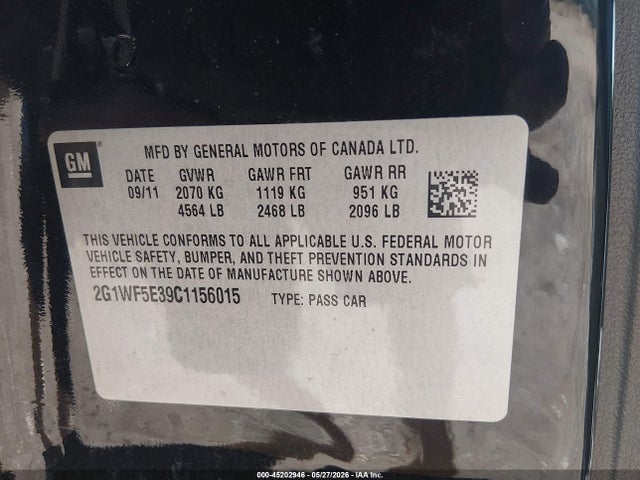 45202946 :رقم المزاد ، 2G1WF5E39C1156015 vin ، 2012 Chevrolet Impala Ls مزاد بيع