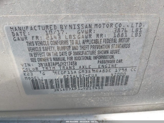 Aukcja sprzedaży 2018 Nissan Sentra Sv, vin: 3N1AB7AP5JY217458, numer aukcji: 45202950
