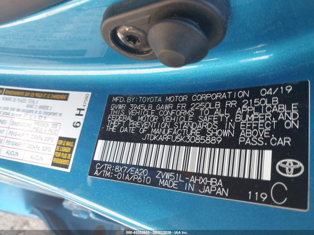 45202955 :رقم المزاد ، JTDKARFU5K3085889 vin ، 2019 Toyota Prius Xle مزاد بيع