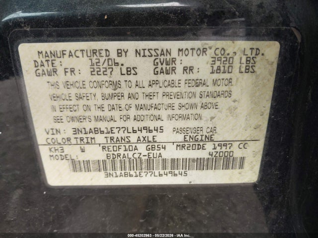 Продажа на аукционе авто 2007 Nissan Sentra 2.0, vin: 3N1AB61E77L649645, номер лота: 45202963