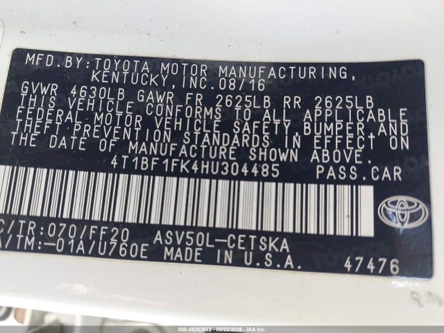 Aukcja sprzedaży 2017 Toyota Camry Se, vin: 4T1BF1FK4HU304485, numer aukcji: 45202969