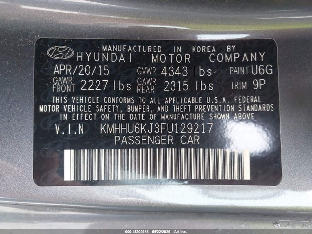 2015 Hyundai Genesis 3.8 Ultimate მანქანა იყიდება აუქციონზე, vin: KMHHU6KJ3FU129217, აუქციონის ნომერი: 45202988