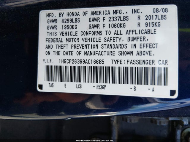 45202994 :رقم المزاد ، 1HGCP26369A016685 vin ، 2009 Honda Accord 2.4 Lx مزاد بيع