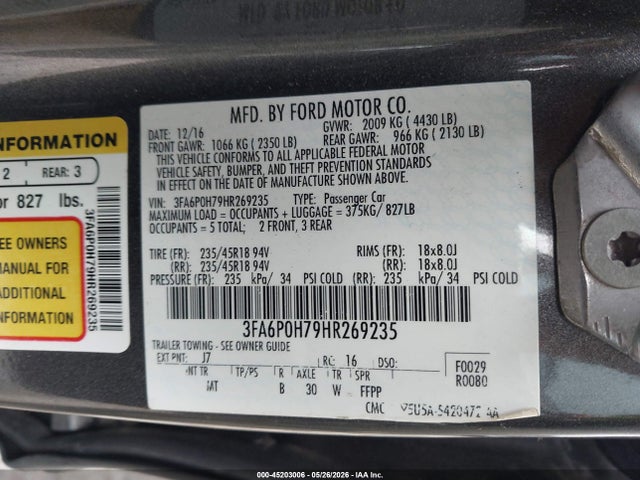 Ford FUSION SE 2017 3FA6P0H79HR269235 Image 9
