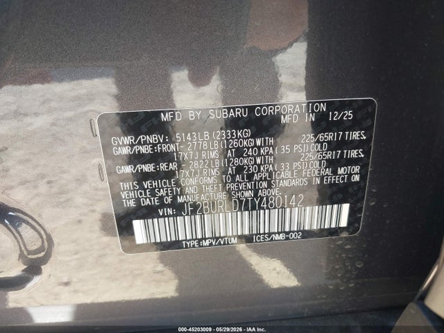 2026 Subaru Outback Wilderness მანქანა იყიდება აუქციონზე, vin: JF2BURLD7TY480142, აუქციონის ნომერი: 45203009