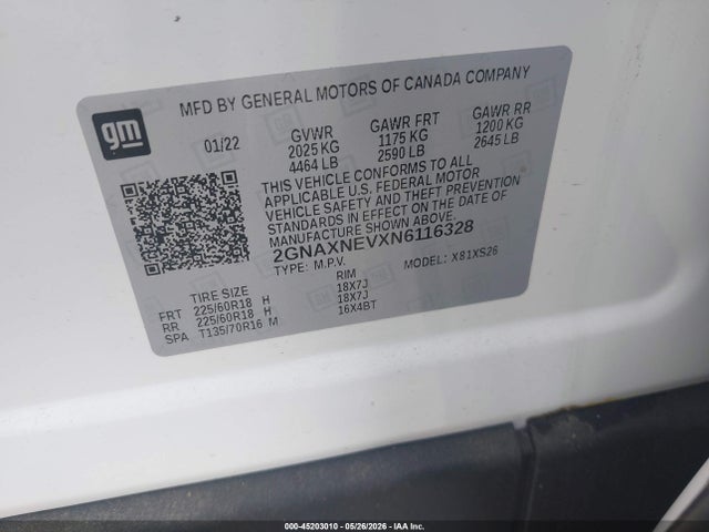 45203010 :رقم المزاد ، 2GNAXNEVXN6116328 vin ، 2022 Chevrolet Equinox Fwd Premier مزاد بيع