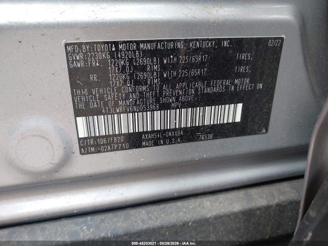 45203021 :رقم المزاد ، 4T3LWRFV6NU053968 vin ، 2022 Toyota Rav4 Le Hybrid مزاد بيع