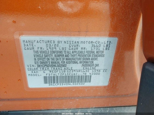 Aukcja sprzedaży 2022 Nissan Kicks Sr Xtronic Cvt, vin: 3N1CP5DV0NL502502, numer aukcji: 45203023