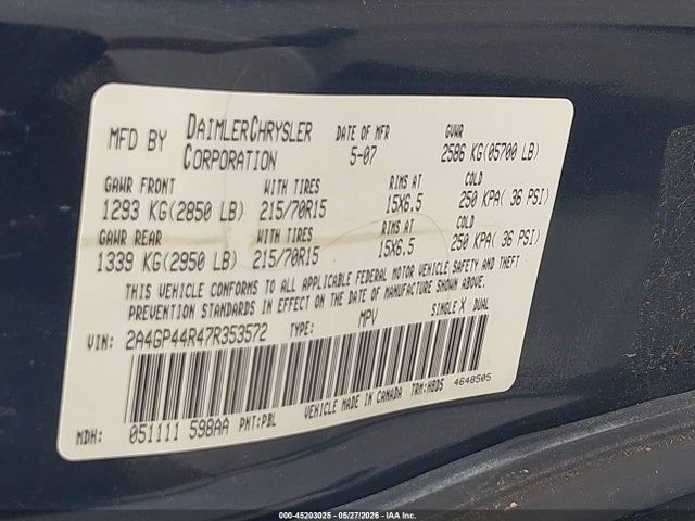 Продажа на аукционе авто 2007 Chrysler Town & Country Lx, vin: 2A4GP44R47R353572, номер лота: 45203025