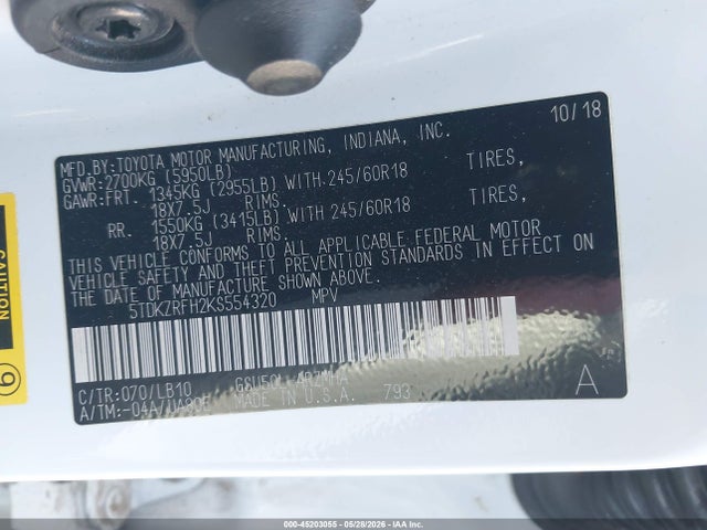 45203055 :رقم المزاد ، 5TDKZRFH2KS554320 vin ، 2019 Toyota Highlander Xle مزاد بيع