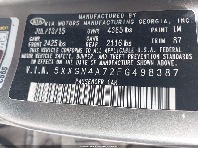 45203067 :رقم المزاد ، 5XXGN4A72FG498387 vin ، 2015 Kia Optima Ex مزاد بيع