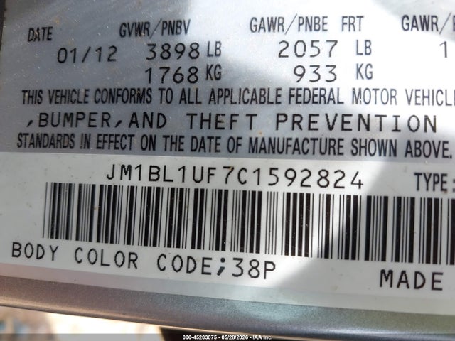 Aukcja sprzedaży 2012 Mazda Mazda3 I Sport, vin: JM1BL1UF7C1592824, numer aukcji: 45203075