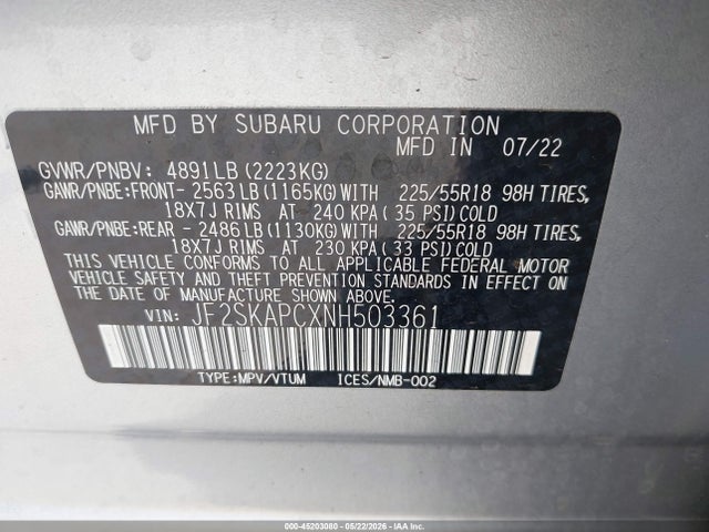 Aukcja sprzedaży 2022 Subaru Forester Limited, vin: JF2SKAPCXNH503361, numer aukcji: 45203080