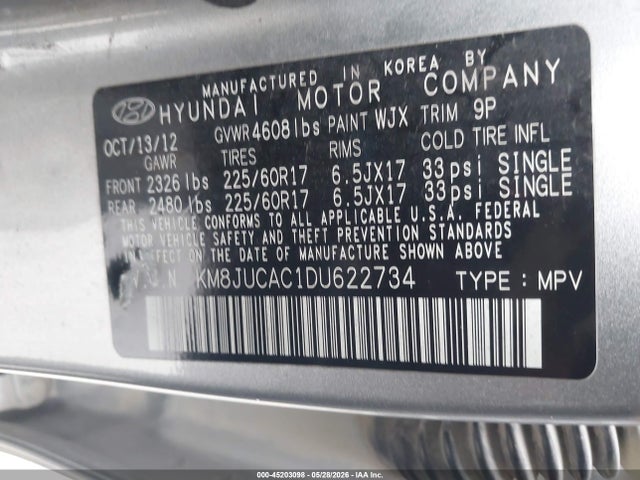 Продажа на аукционе авто 2013 Hyundai Tucson Gls, vin: KM8JUCAC1DU622734, номер лота: 45203098