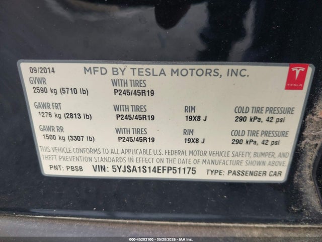 Продаж на аукціоні авто 2014 Tesla Model S, vin: 5YJSA1S14EFP51175, номер лоту: 45203100