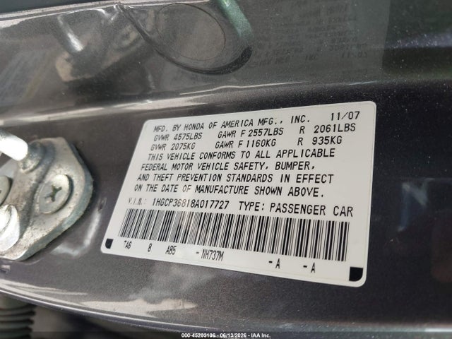 Aukcja sprzedaży 2008 Honda Accord 3.5 Ex-l, vin: 1HGCP36818A017727, numer aukcji: 45203106