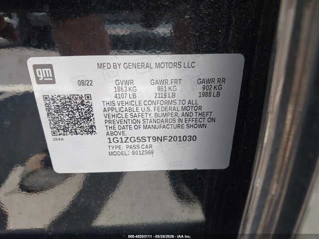 45203111 :رقم المزاد ، 1G1ZG5ST9NF201030 vin ، 2022 Chevrolet Malibu Fwd Rs مزاد بيع