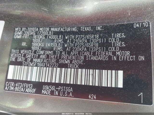45203113 :رقم المزاد ، 5TFDW5F18AX142232 vin ، 2010 Toyota Tundra Grade 5.7l V8 مزاد بيع