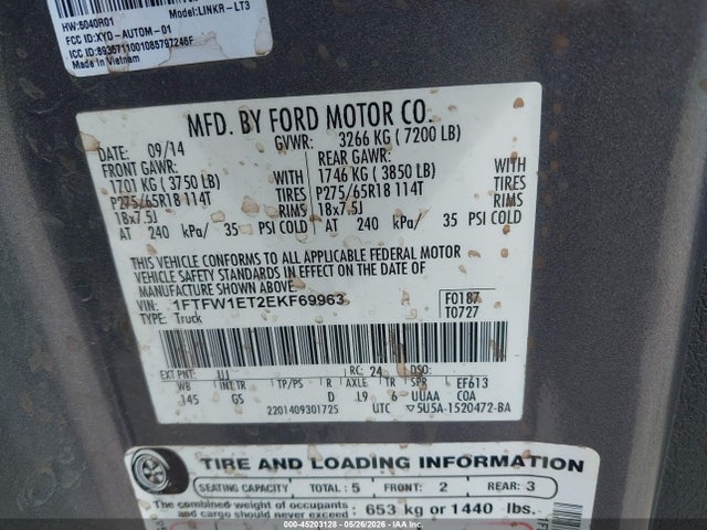 2014 Ford F-150 Xlt მანქანა იყიდება აუქციონზე, vin: 1FTFW1ET2EKF69963, აუქციონის ნომერი: 45203128