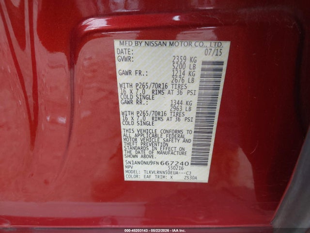 2015 Nissan Xterra S მანქანა იყიდება აუქციონზე, vin: 5N1AN0NU9FN667240, აუქციონის ნომერი: 45203143