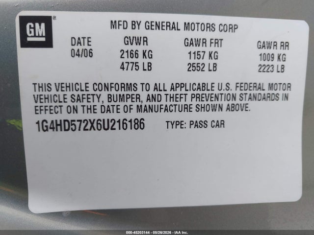 Продаж на аукціоні авто 2006 Buick Lucerne Cxl, vin: 1G4HD572X6U216186, номер лоту: 45203144