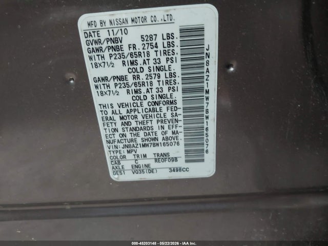 Aukcja sprzedaży 2011 Nissan Murano Sl, vin: JN8AZ1MW7BW165076, numer aukcji: 45203148