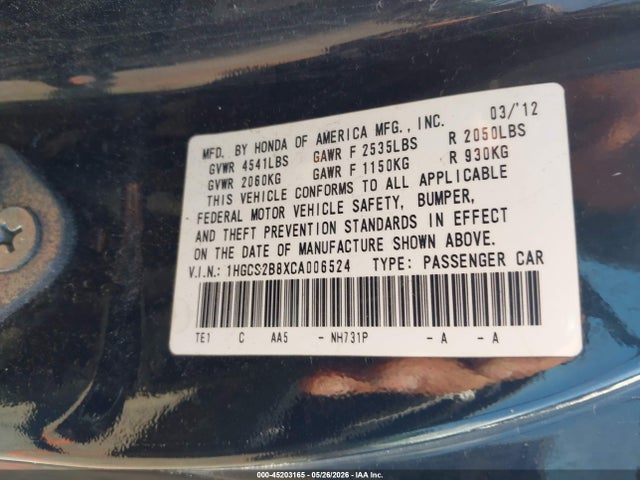 45203165 :رقم المزاد ، 1HGCS2B8XCA006524 vin ، 2012 Honda Accord 3.5 Ex-l مزاد بيع