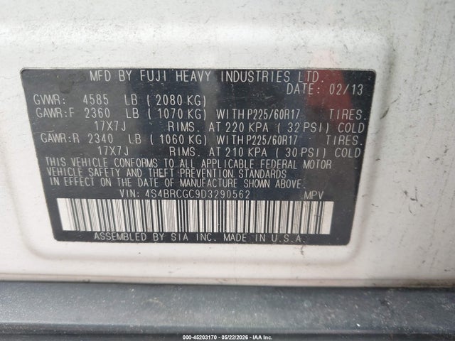 Продажа на аукционе авто 2013 Subaru Outback 2.5i Premium, vin: 4S4BRCGC9D3290562, номер лота: 45203170
