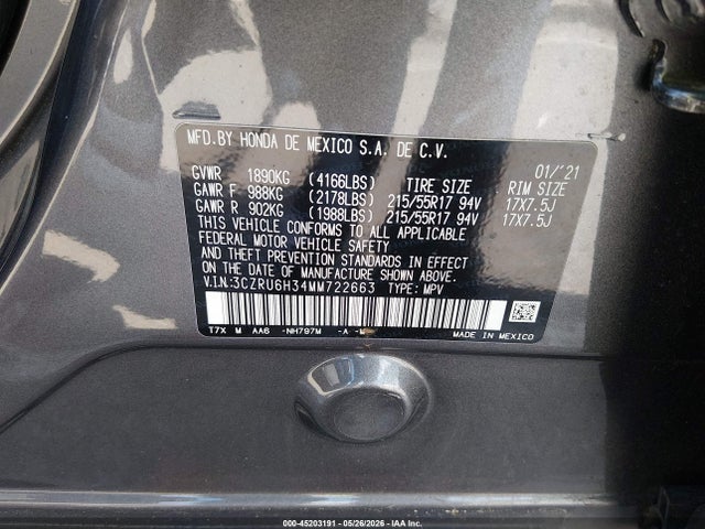 Продаж на аукціоні авто 2021 Honda Hr-v Awd Lx, vin: 3CZRU6H34MM722663, номер лоту: 45203191