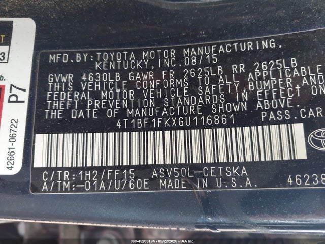 2016 Toyota Camry Se მანქანა იყიდება აუქციონზე, vin: 4T1BF1FKXGU116861, აუქციონის ნომერი: 45203194