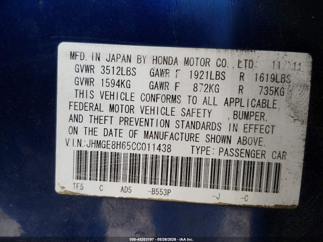 Продаж на аукціоні авто 2012 Honda Fit Sport, vin: JHMGE8H65CC011438, номер лоту: 45203197