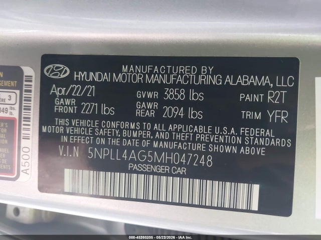 5NPLL4AG5MH047248 Hyundai ELANTRA SE