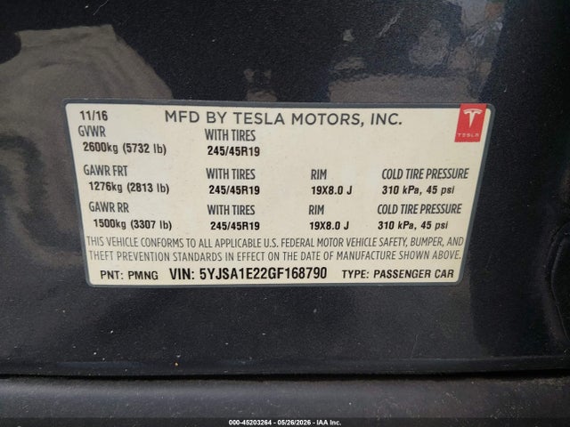45203264 :رقم المزاد ، 5YJSA1E22GF168790 vin ، 2016 Tesla Model S 60d/70d/75d/85d/90d مزاد بيع