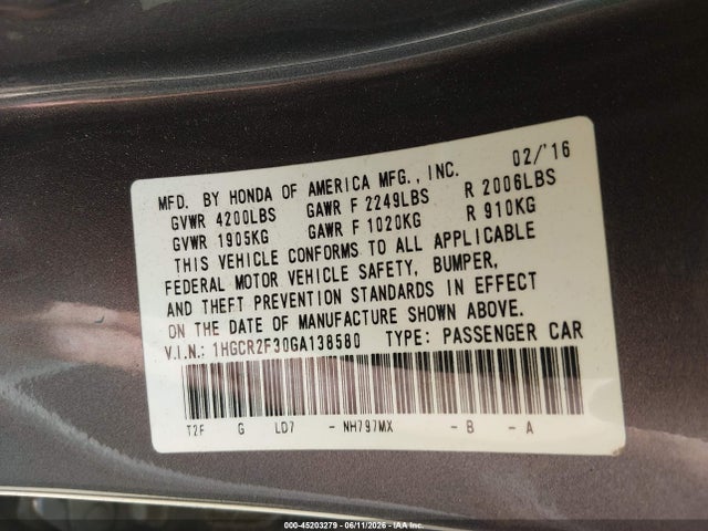 2016 Honda Accord Lx მანქანა იყიდება აუქციონზე, vin: 1HGCR2F30GA138580, აუქციონის ნომერი: 45203279