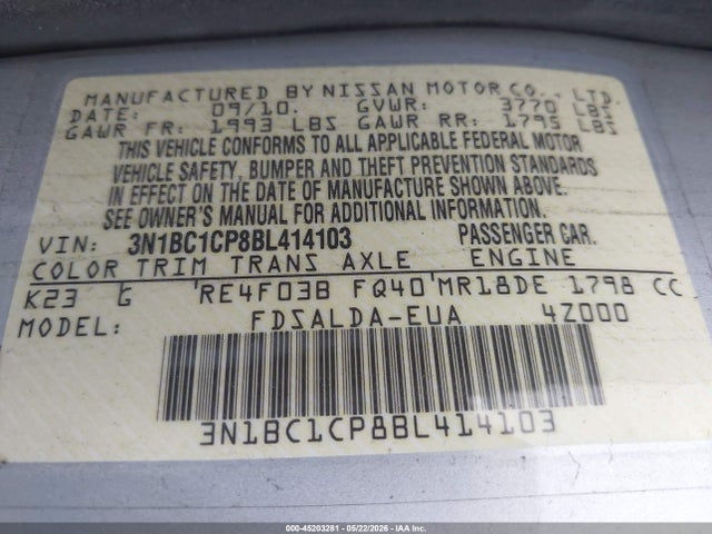 2011 Nissan Versa 1.8s მანქანა იყიდება აუქციონზე, vin: 3N1BC1CP8BL414103, აუქციონის ნომერი: 45203281