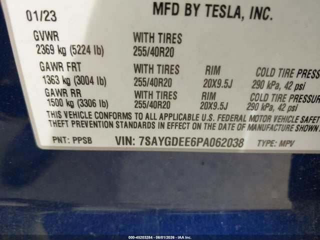 Auction sale of the 2023 Tesla Model Y Awd/long Range Dual Motor All-wheel Drive, vin: 7SAYGDEE6PA062038, lot number: 45203284