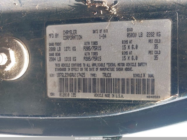 1994 Dodge Dakota მანქანა იყიდება აუქციონზე, vin: 1B7GL23X6RW117425, აუქციონის ნომერი: 45203307