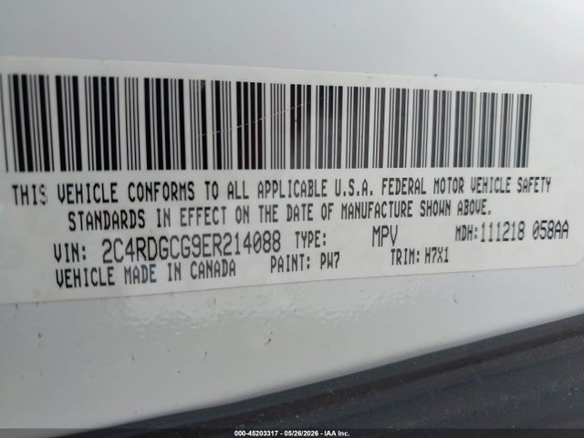Aukcja sprzedaży 2014 Dodge Grand Caravan Sxt, vin: 2C4RDGCG9ER214088, numer aukcji: 45203317